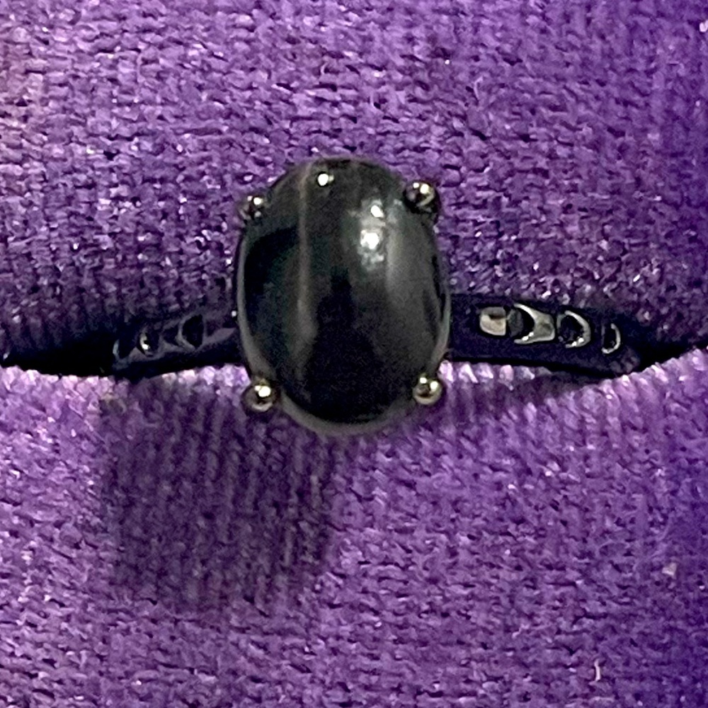 Imported 925 Black Rhodium Sillimanite Catseye & Black Spinel Solitaire Sz6 NWOT